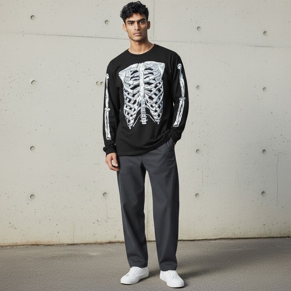 Spirit Halloween Skeleton Print T-Shirt Adult Black White Long Sleeve Size M